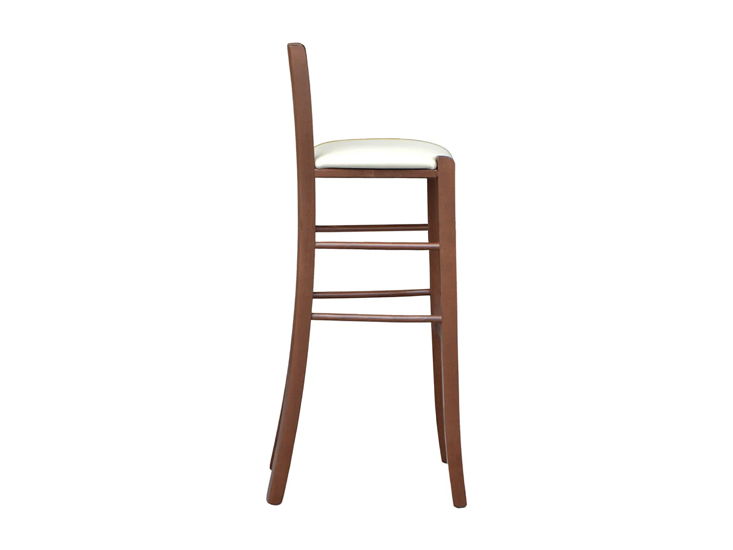Tabouret en bois de noyer foncé avec dossier h 80 cm assise simili cuir crème