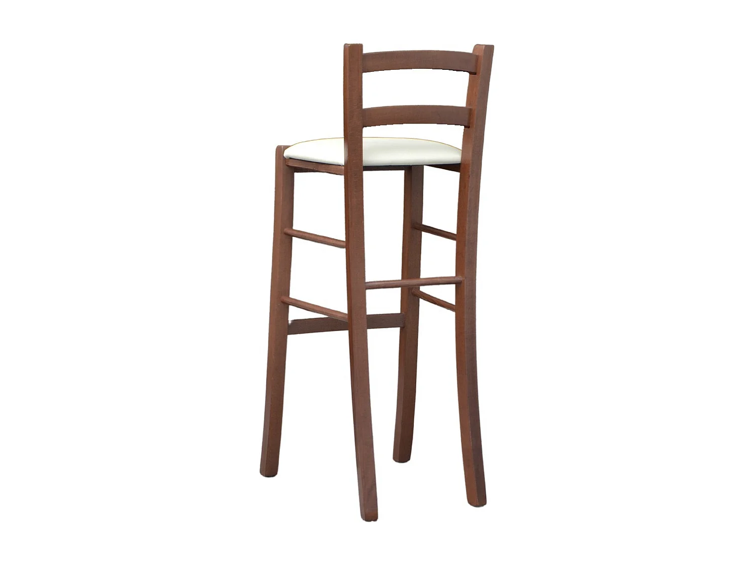 Tabouret en bois de noyer foncé avec dossier h 80 cm assise simili cuir crème