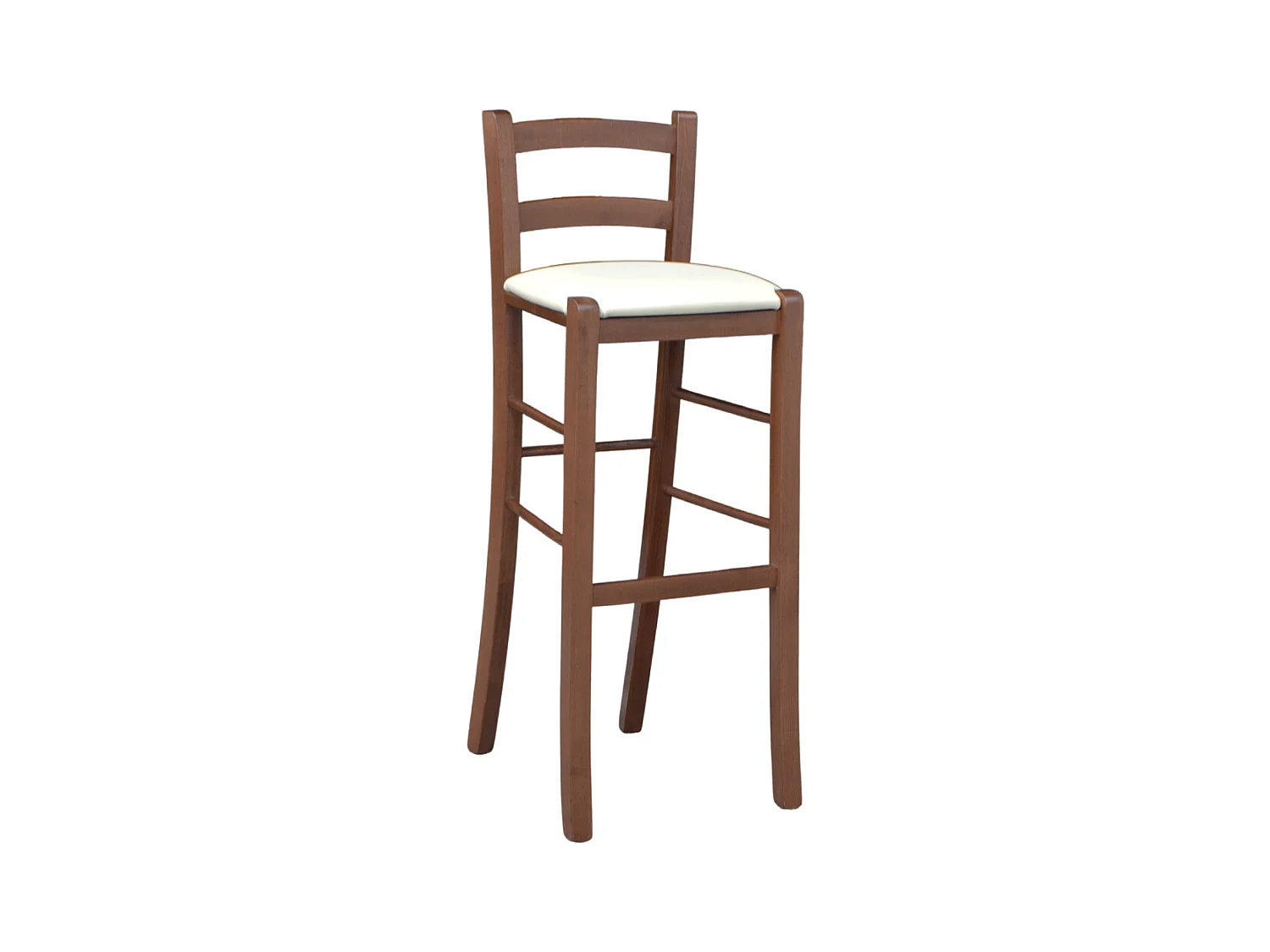 Tabouret en bois de noyer foncé avec dossier h 80 cm assise simili cuir crème
