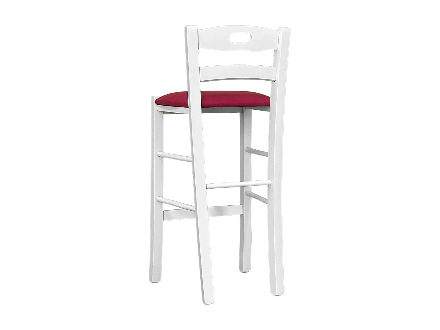 Tabouret en bois blanc avec trou dans le dossier h66 assise en éco-cuir rouge