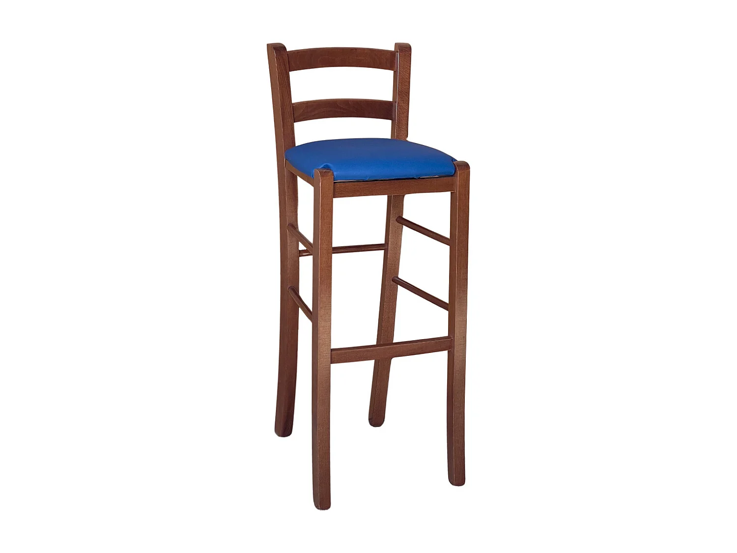 Tabouret en bois de noyer foncé avec dossier h 80 cm assise simili cuir bleu