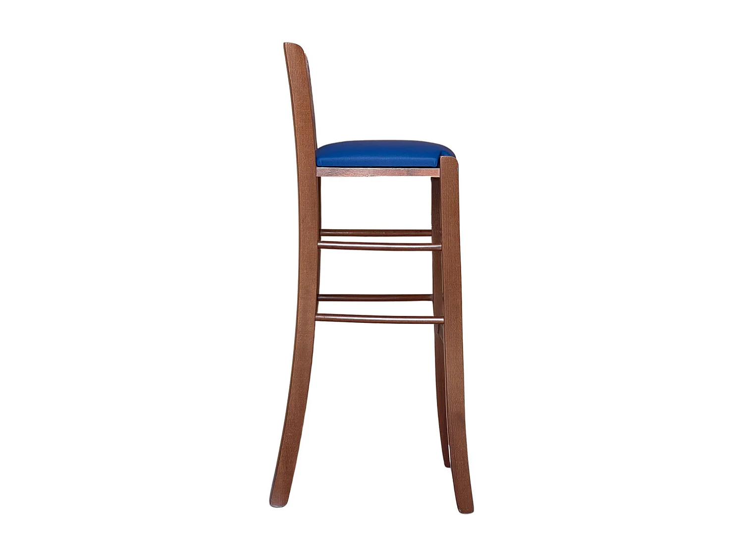 Tabouret en bois de noyer foncé avec dossier h 80 cm assise simili cuir bleu