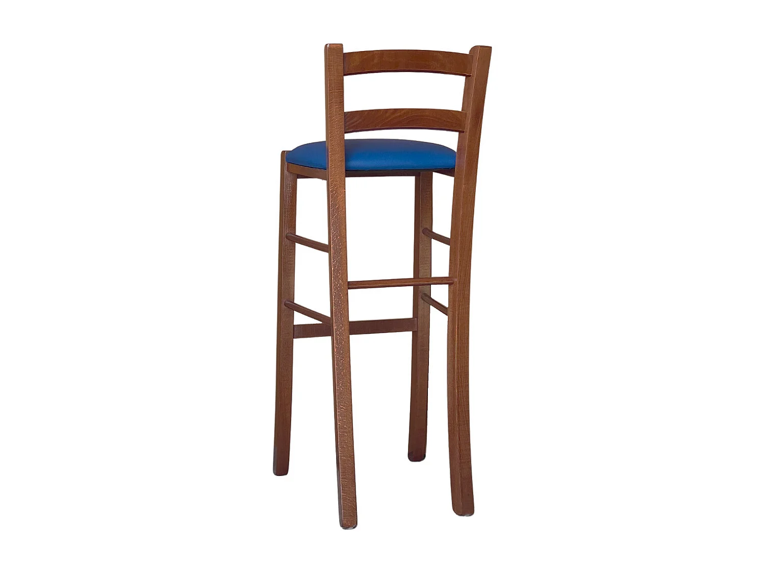 Tabouret en bois de noyer foncé avec dossier h 80 cm assise simili cuir bleu