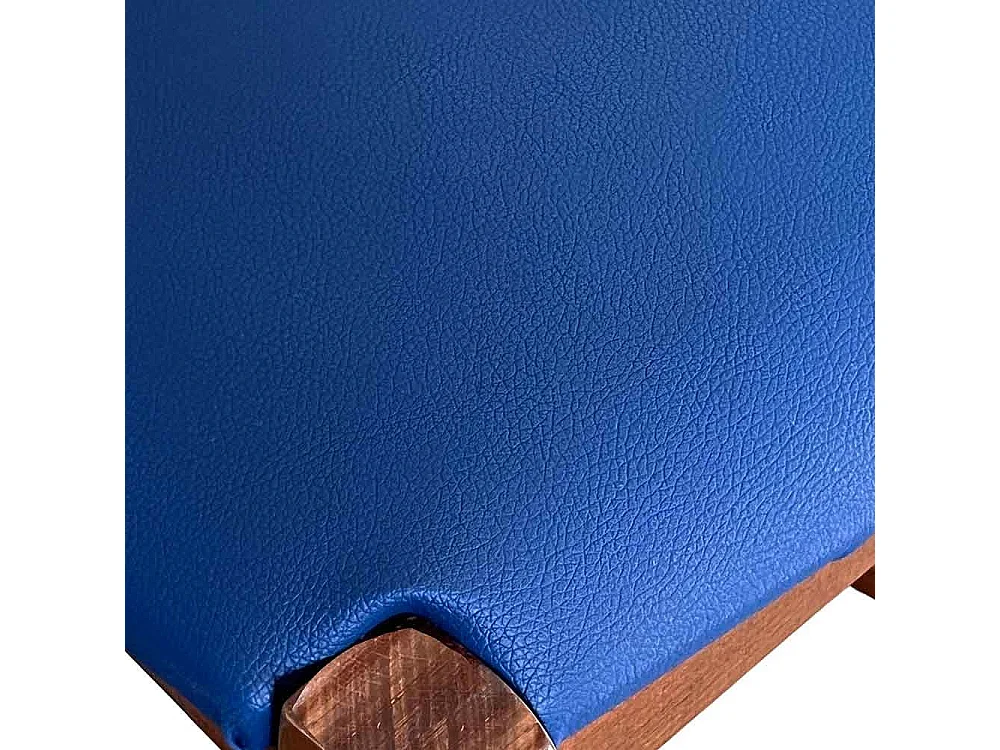 Tabouret en bois de noyer foncé avec dossier h 80 cm assise simili cuir bleu