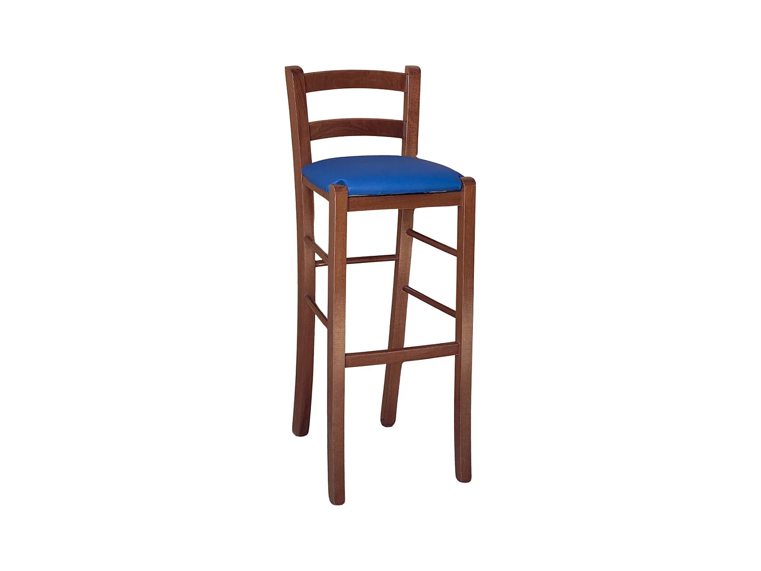 Tabouret en bois de noyer foncé avec dossier h 80 cm assise simili cuir bleu