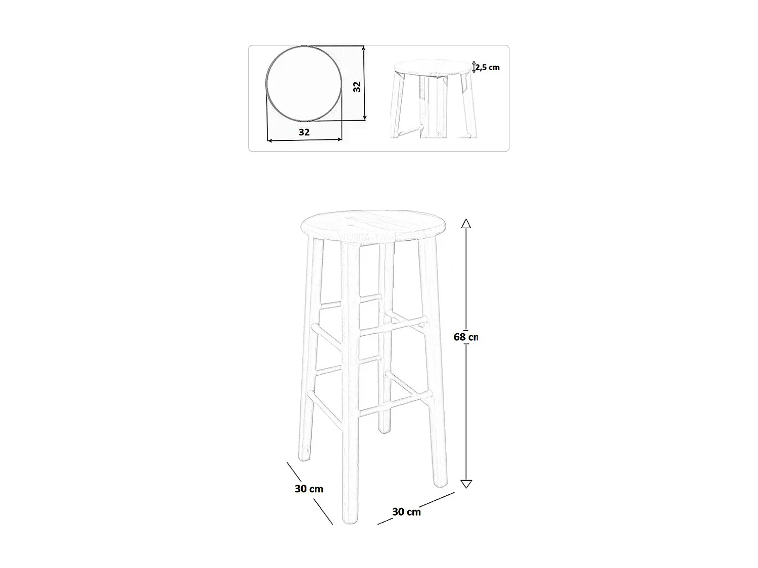 Tabouret en bois avec assise ronde h 68 pieds droits noyer clair