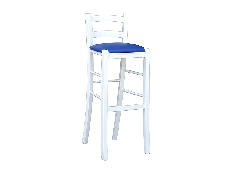 Taburete de madera lacada en blanco con asiento de símil piel azul h 80 cm