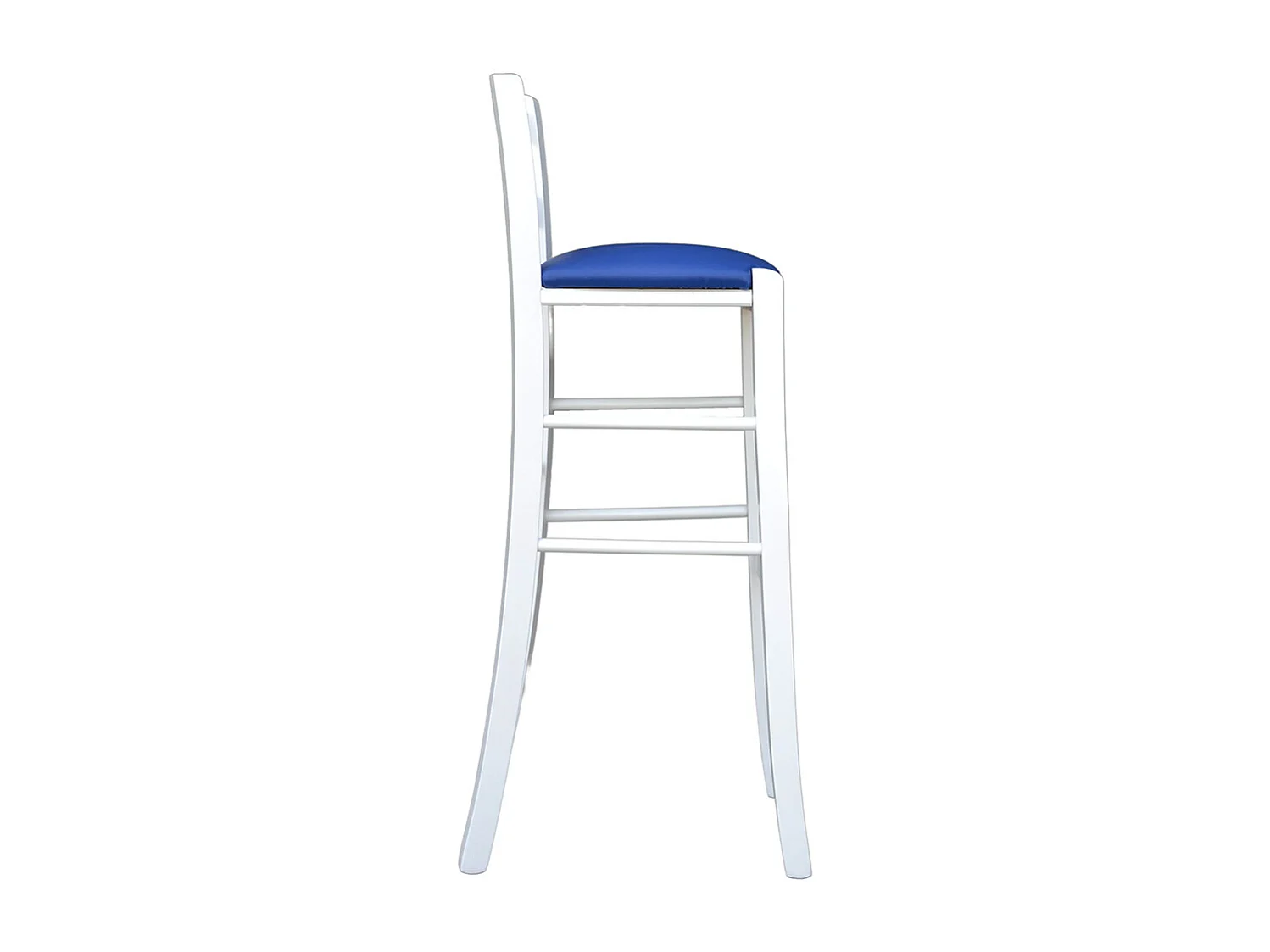 Tabouret en bois laqué blanc avec assise en simili cuir bleu h 80 cm