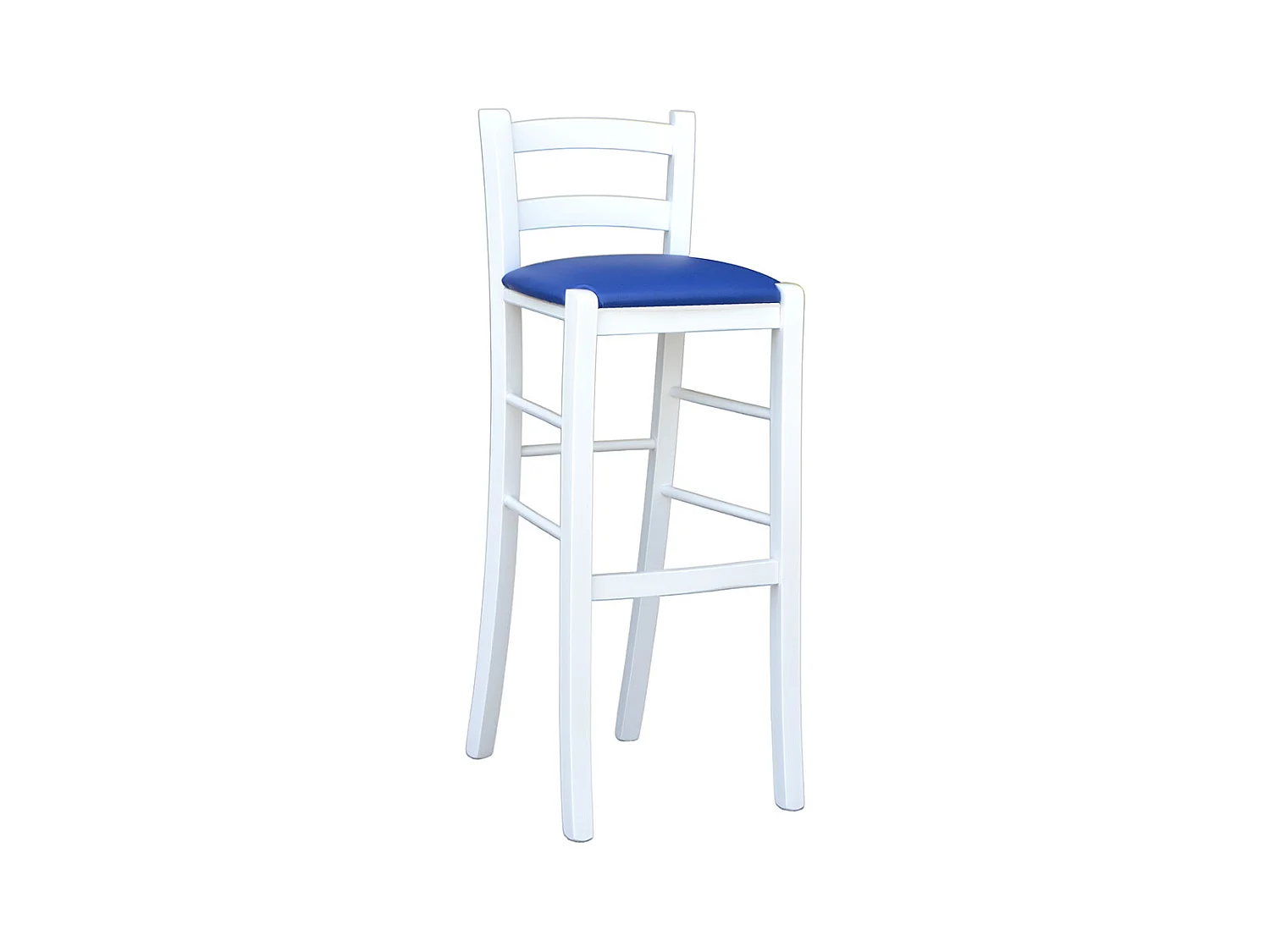Tabouret en bois laqué blanc avec assise en simili cuir bleu h 80 cm