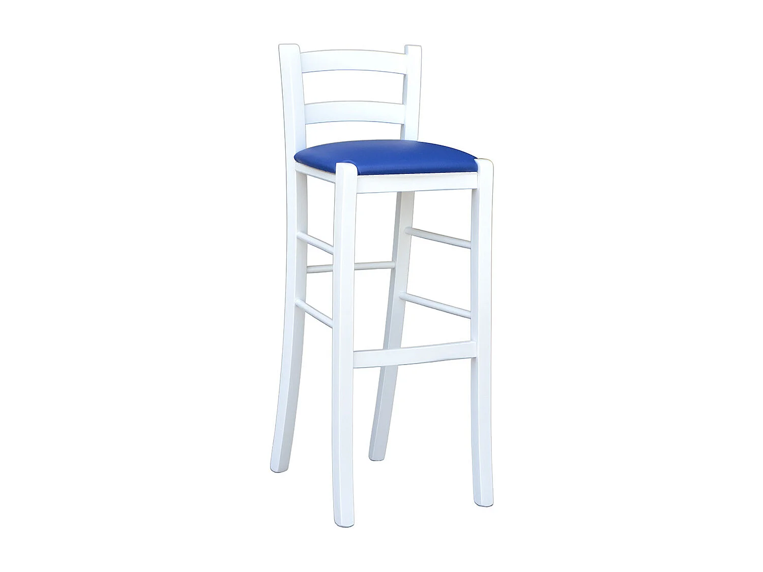 Tabouret en bois laqué blanc avec assise en simili cuir bleu h 80 cm