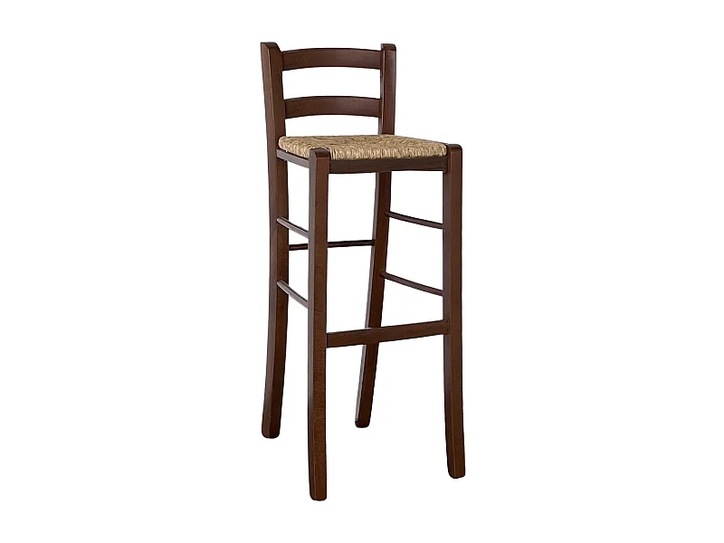 Taburete alto de bar en madera de nogal oscuro h 80 cm con respaldo y asiento de paja