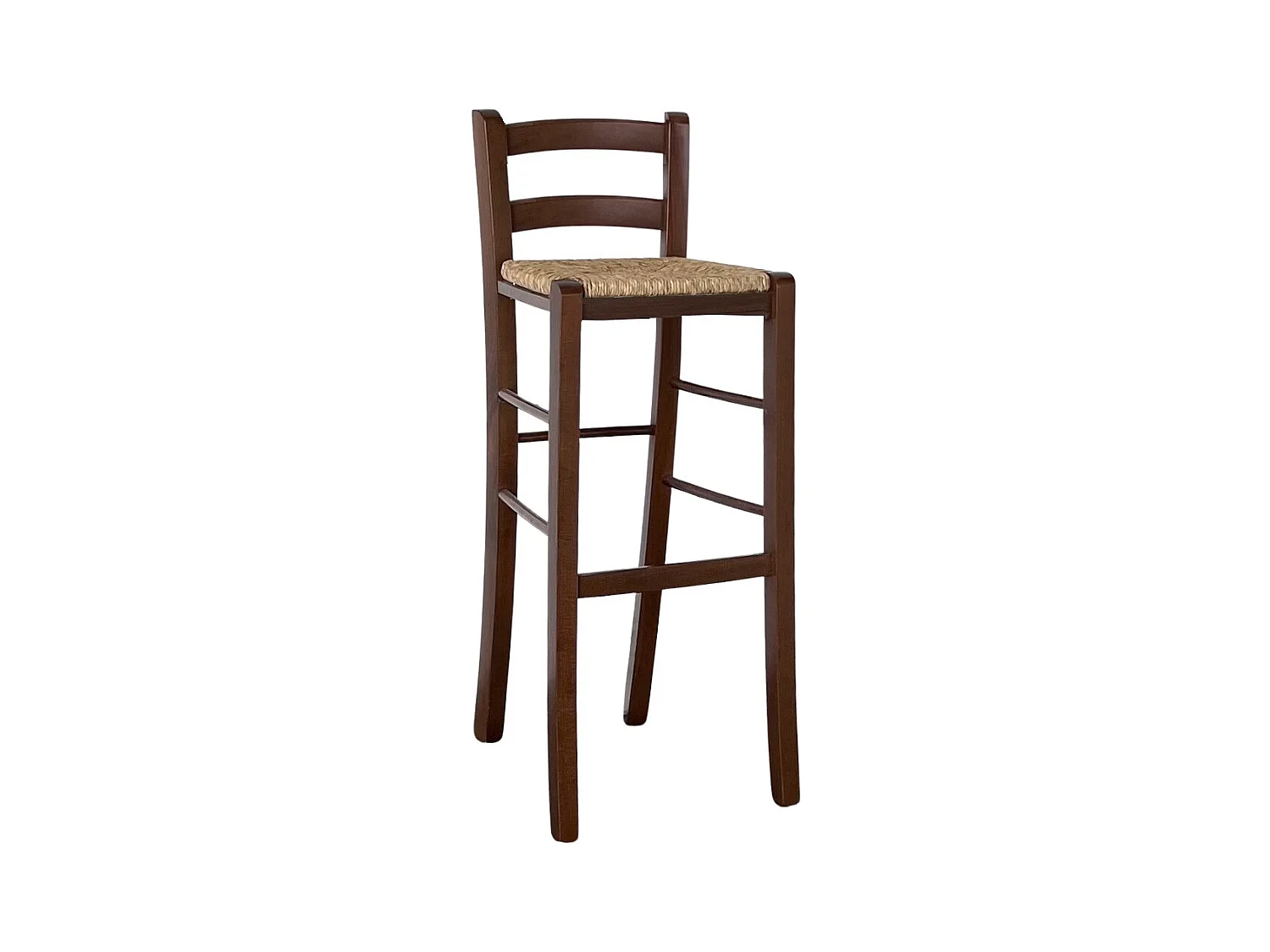 Sgabello alto da bar in legno noce scuro h 80 cm con schienale seduta in paglia
