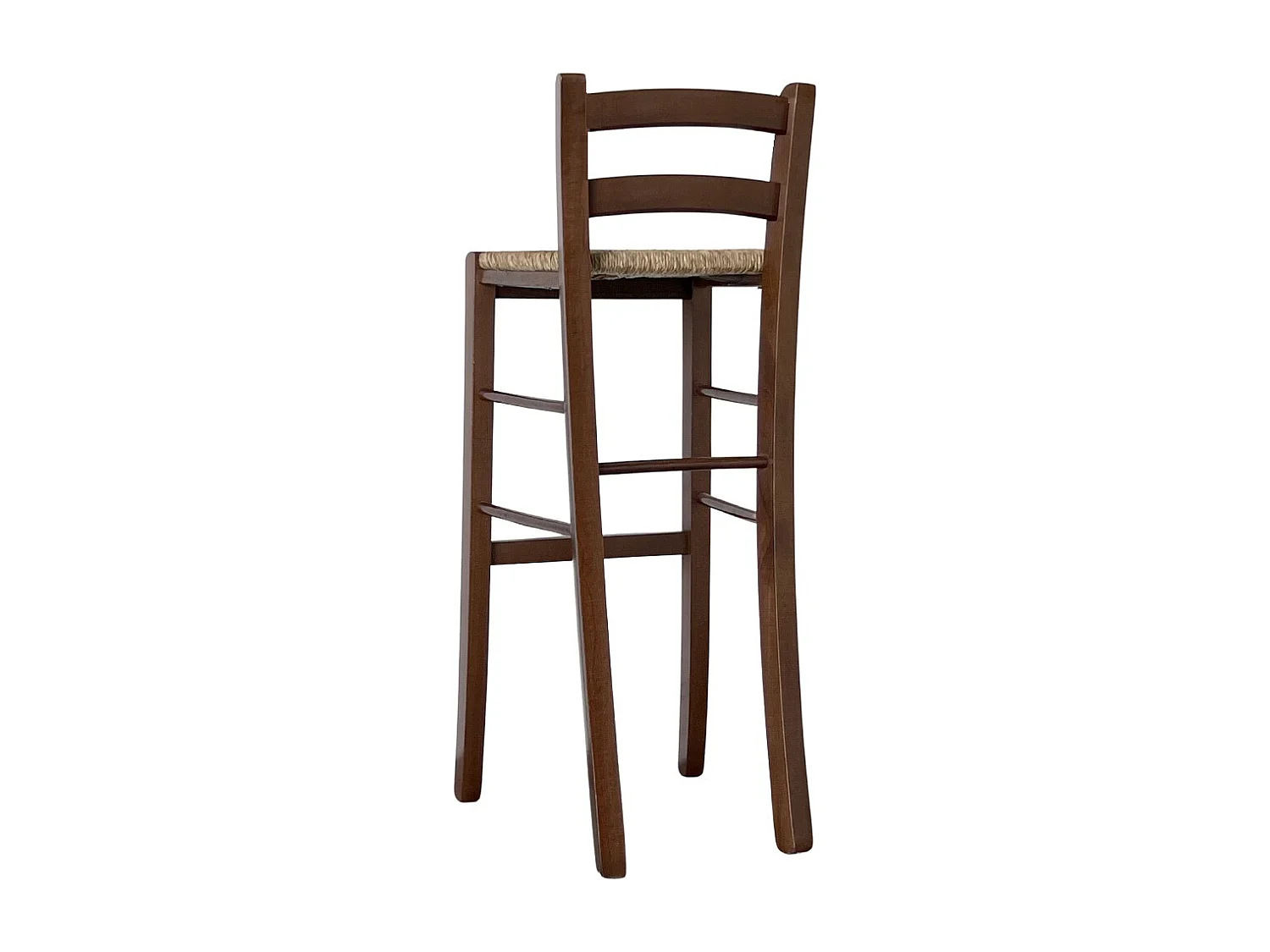 Tabouret haut de bar en bois de noyer foncé h 80 cm avec dossier et assise en paille