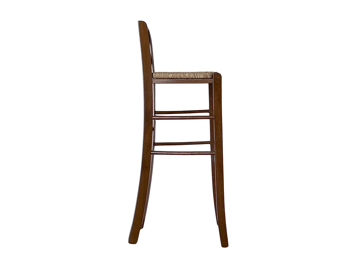 Tabouret haut de bar en bois de noyer foncé h 80 cm avec dossier et assise en paille