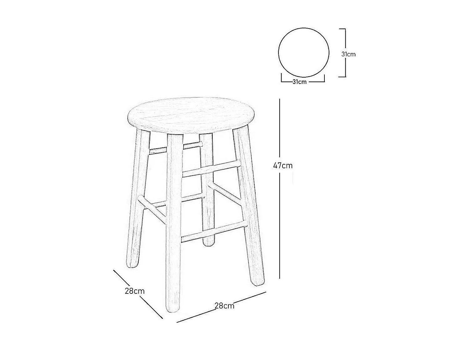 Tabouret de bar en bois avec assise ronde h 47 cm pieds droits noyer clair