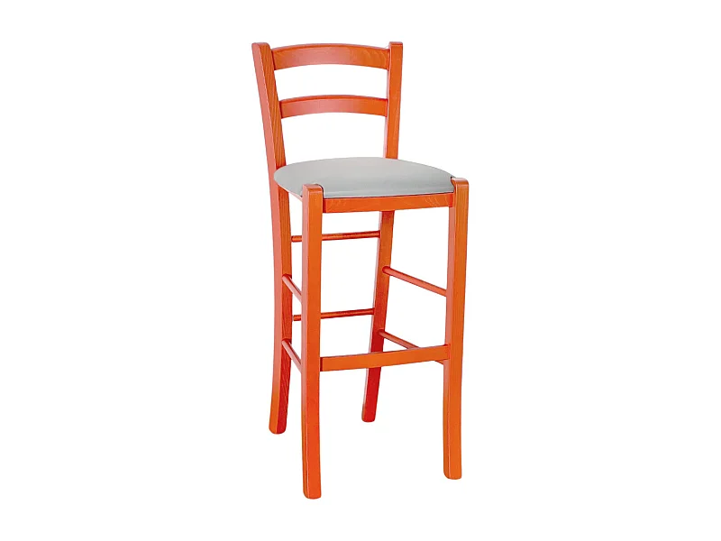 Taburete alto de madera de color naranja h 73 cm con asiento de piel sintética gris claro