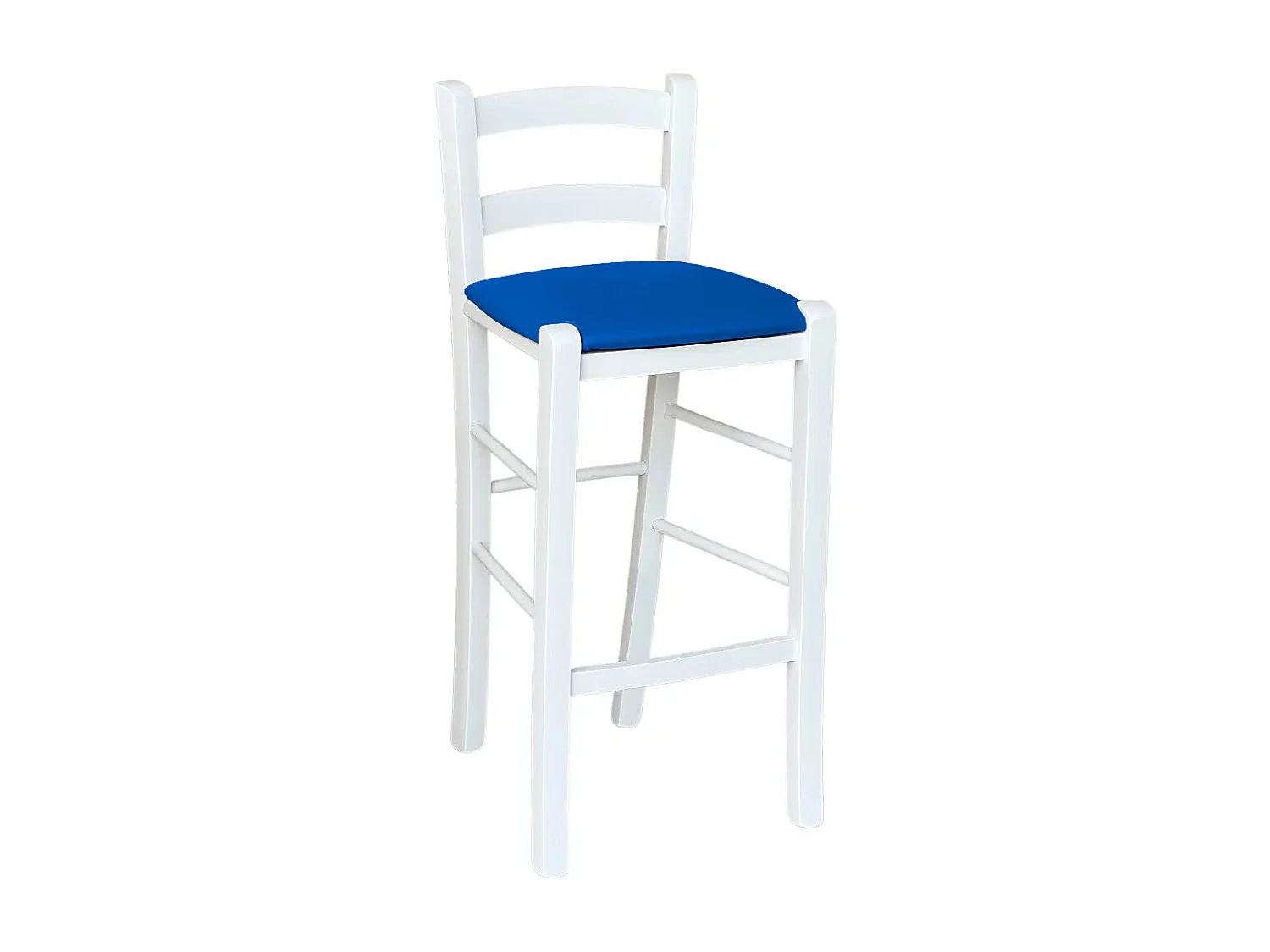Tabouret en bois blanc avec assise en simili cuir bleu, h 67 cm du sol à l'assise