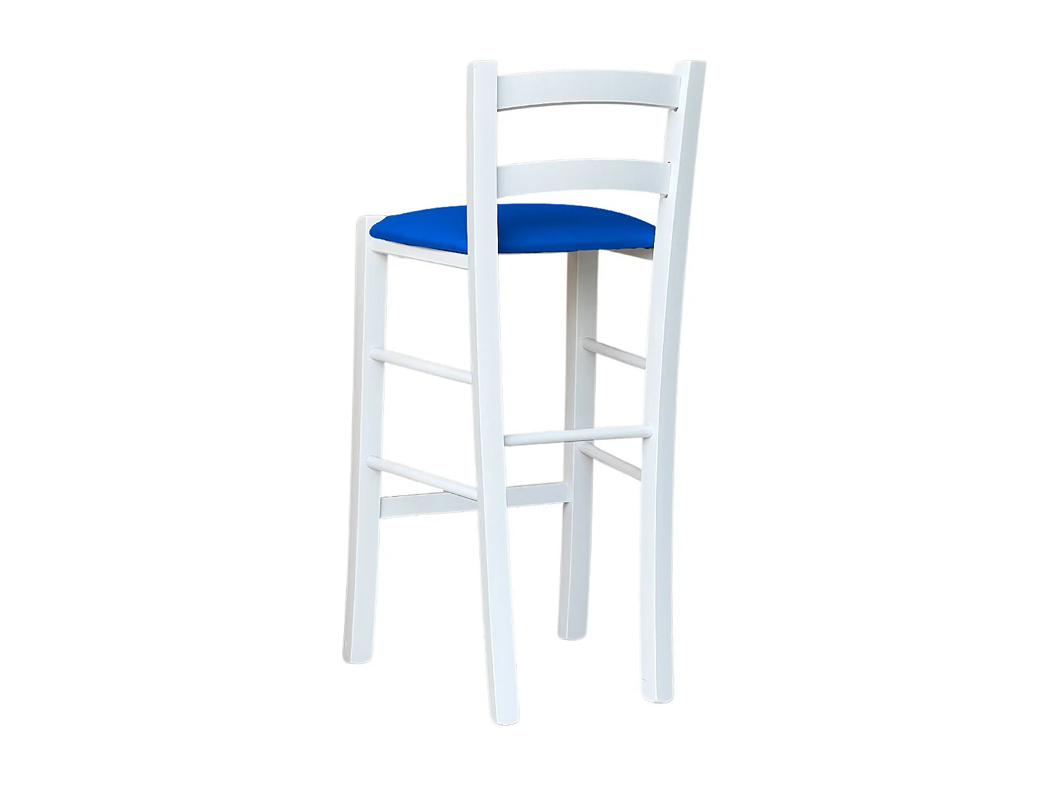 Tabouret en bois blanc avec assise en simili cuir bleu, h 67 cm du sol à l'assise