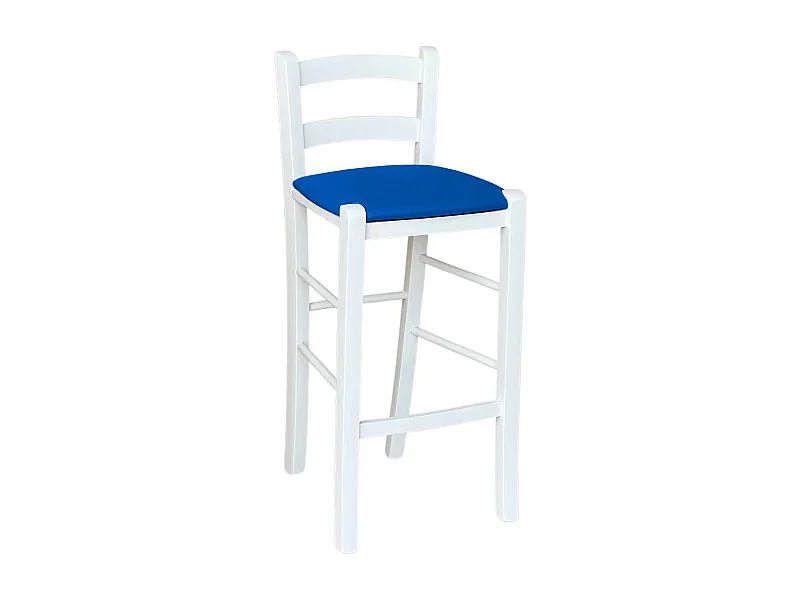 Tabouret en bois blanc avec assise en simili cuir bleu, h 67 cm du sol à l'assise