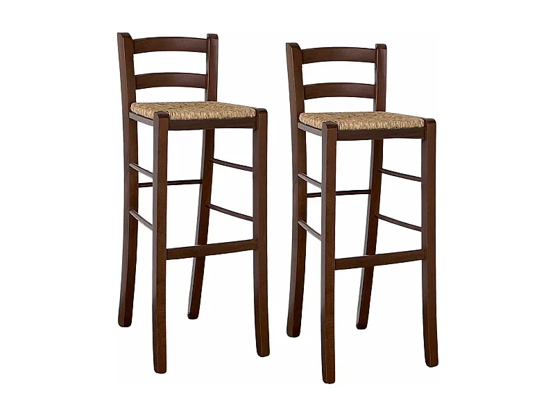 Juego de 2 taburetes altos de bar en madera de nogal oscuro h 80 cm con asiento de paja