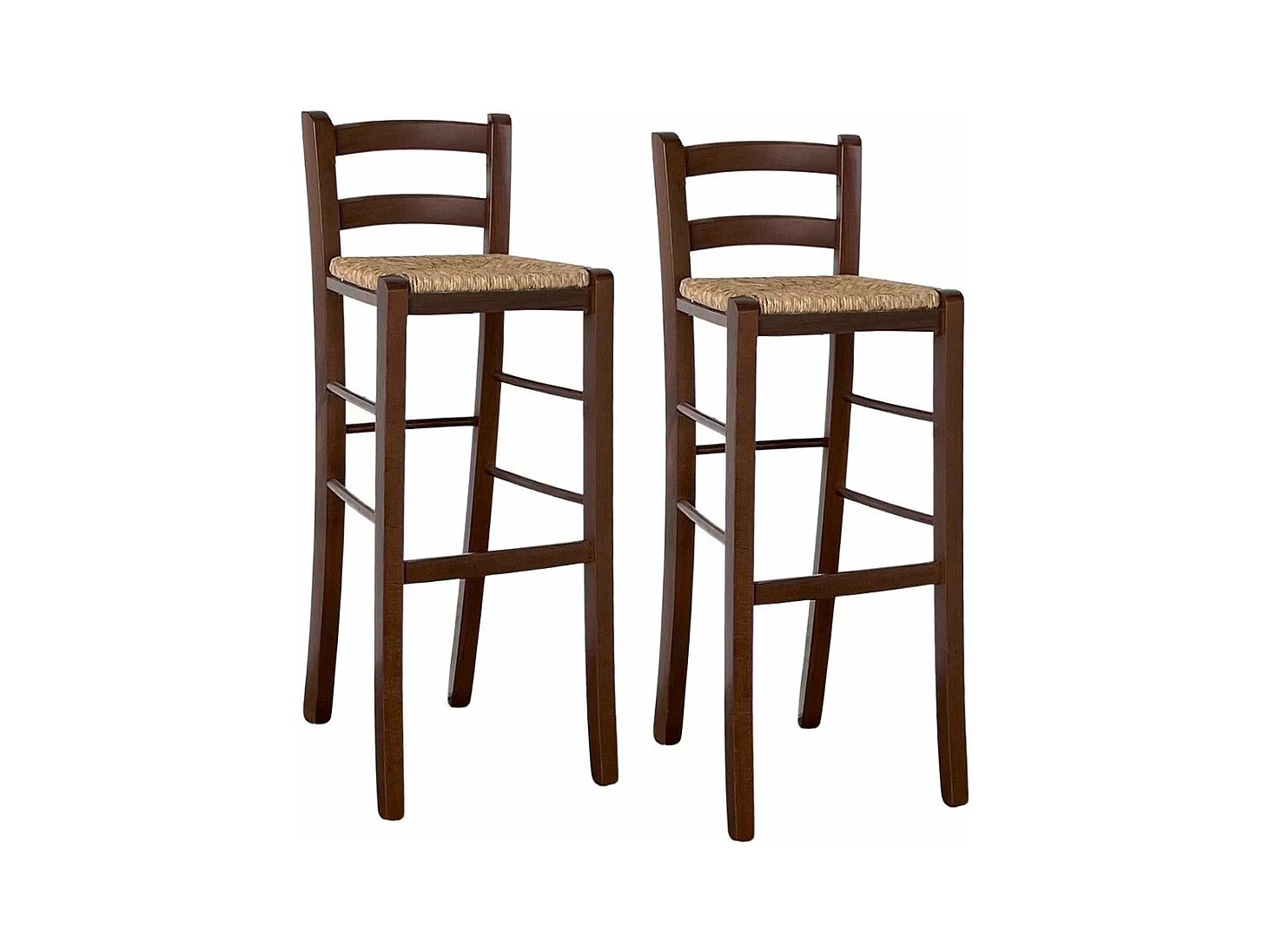 Juego de 2 taburetes altos de bar en madera de nogal oscuro h 80 cm con asiento de paja