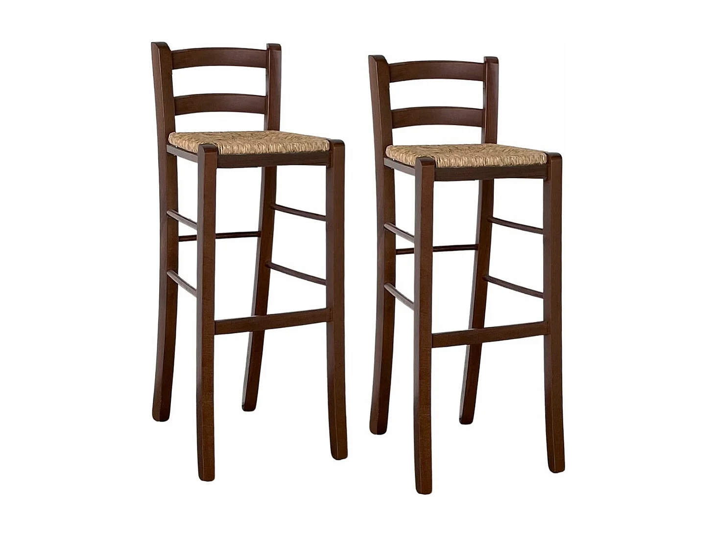 Sgabelli alti da bar set da 2 in legno noce scuro h 80 cm con seduta in paglia