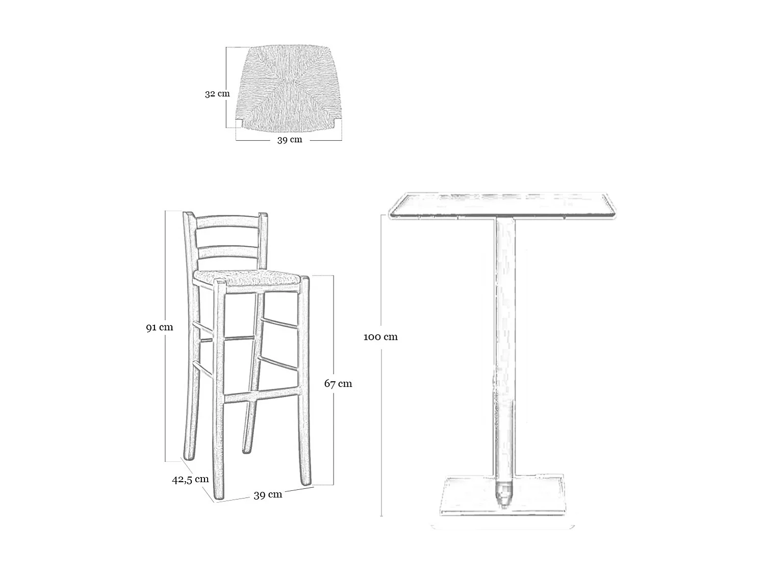 Tabouret de bar en bois blanc avec assise en paille h 67 cm