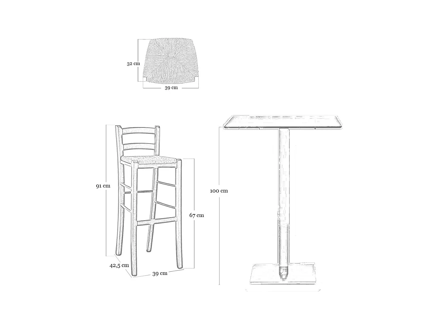 Tabouret Snek en bois avec assise en paille h 67 cm en noyer foncé