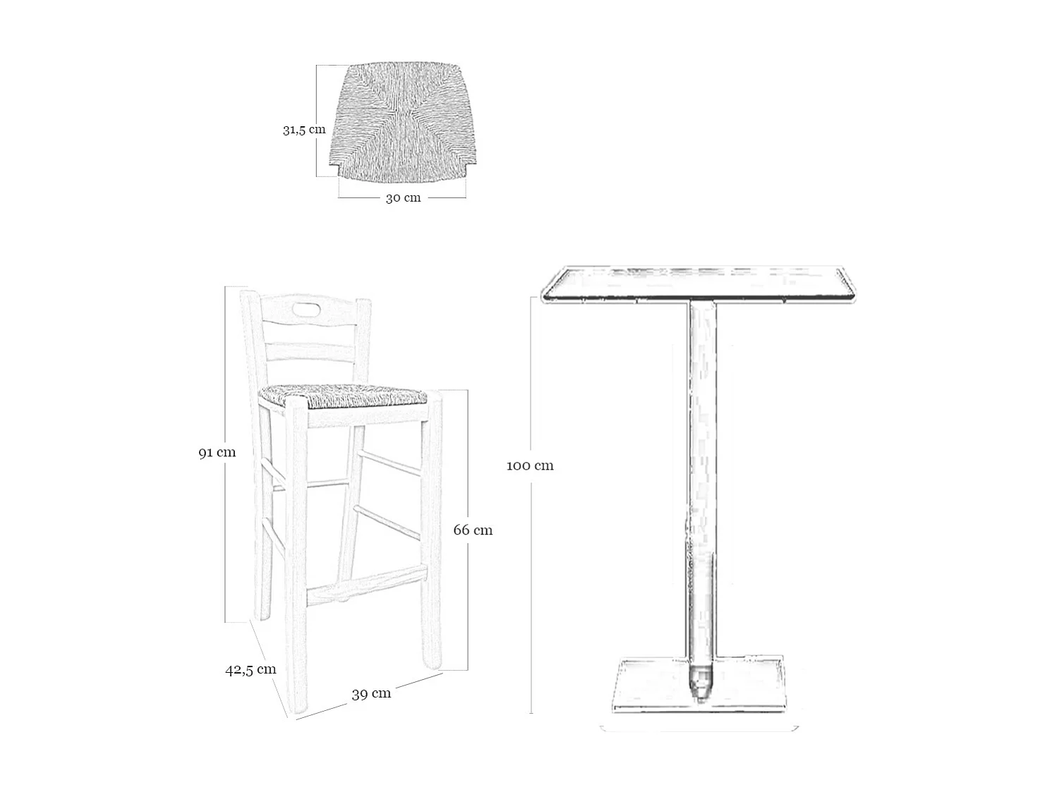 Tabouret avec poignée dans le dossier h cm 66 brut avec assise en paille des marais