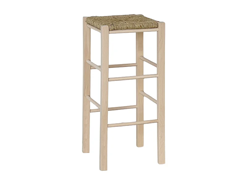 Tabouret de bar h 70 cm en bois à peindre avec assise carrée en paille