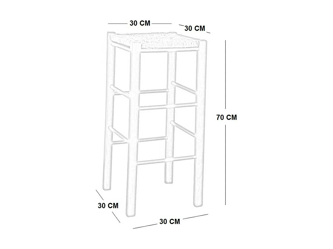 Taburete de bar h 70 cm de madera para pintar con asiento cuadrado de paja