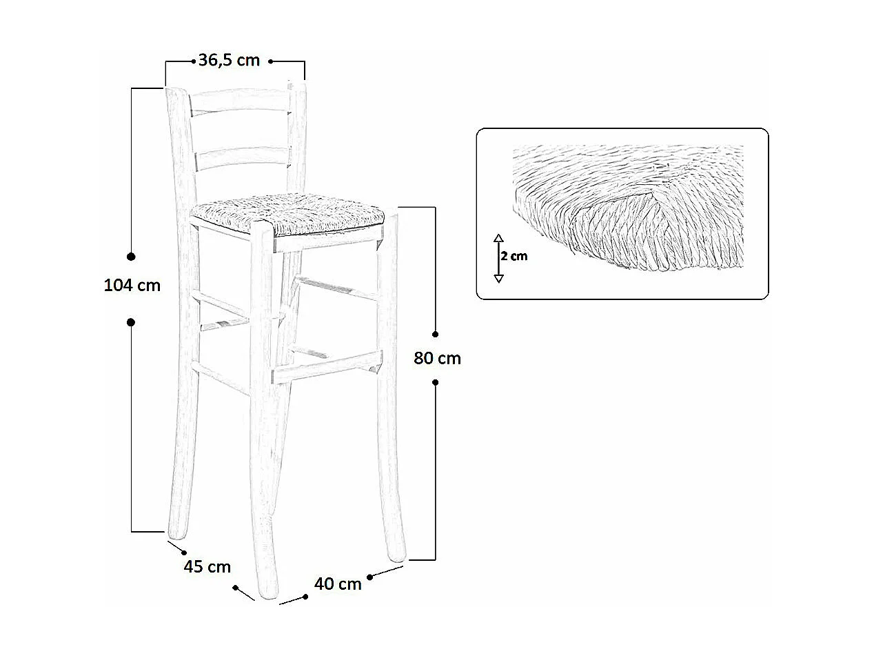 Taburete alto de bar en madera cruda para pintar h 80 cm asiento de paja