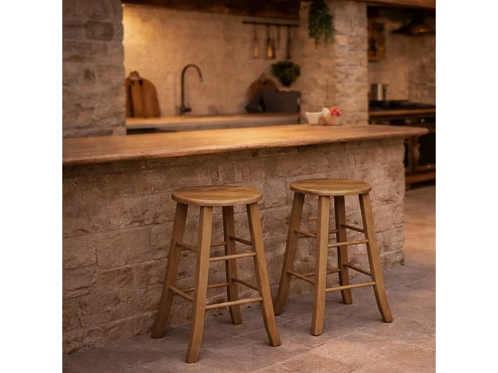 Tabouret de bar en bois avec assise ronde h 67 pieds sabre noyer clair