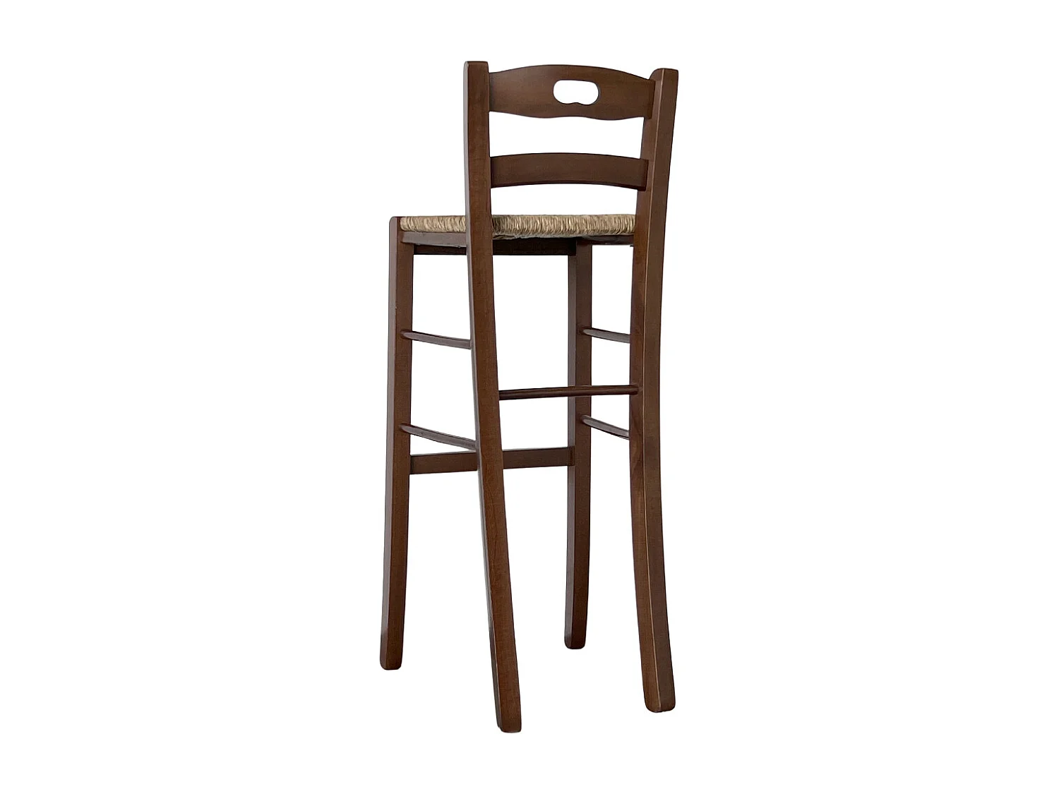 Tabouret de bar en bois de noyer foncé h 80 cm avec poignée et assise en paille