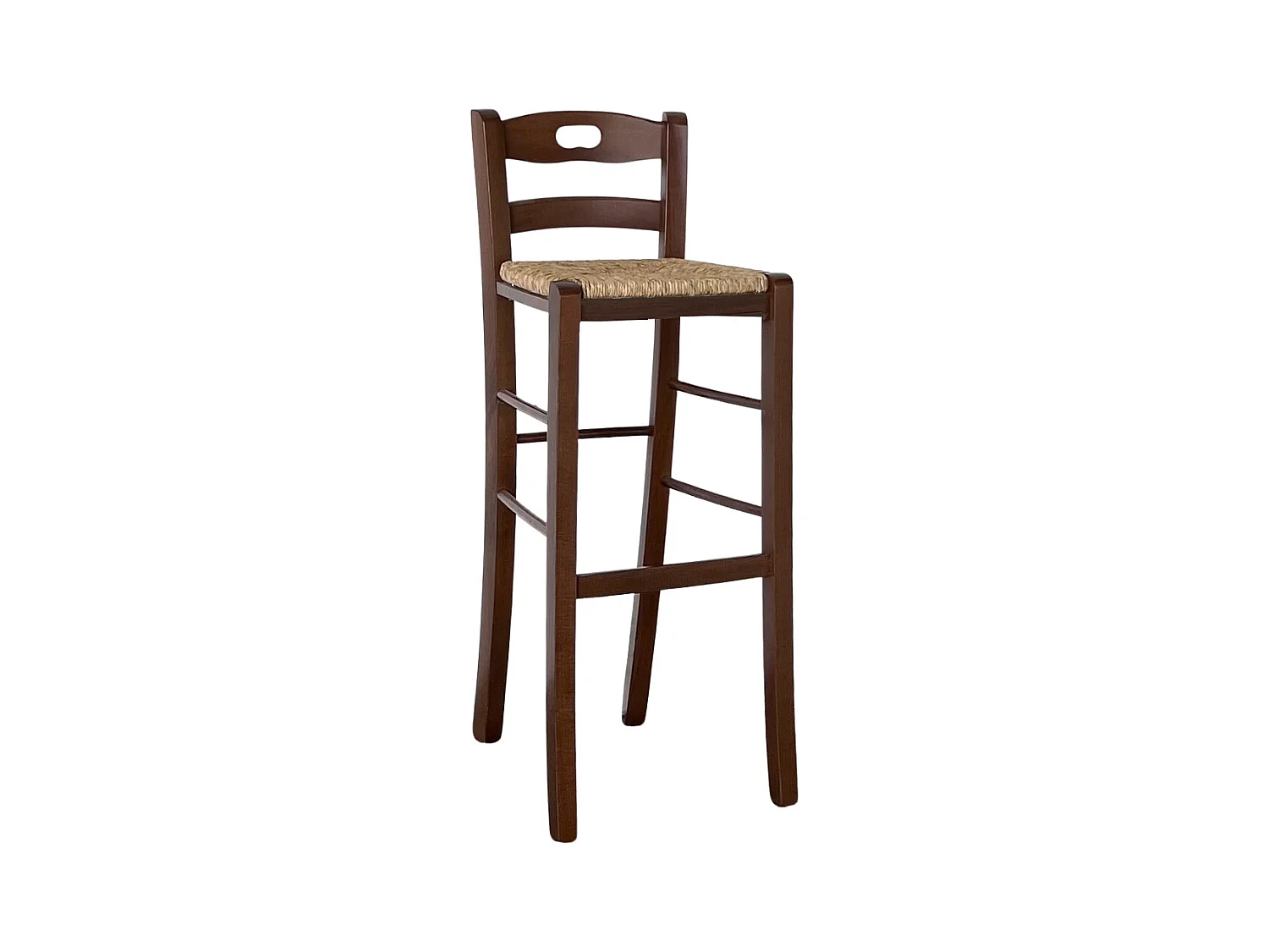 Tabouret de bar en bois de noyer foncé h 80 cm avec poignée et assise en paille