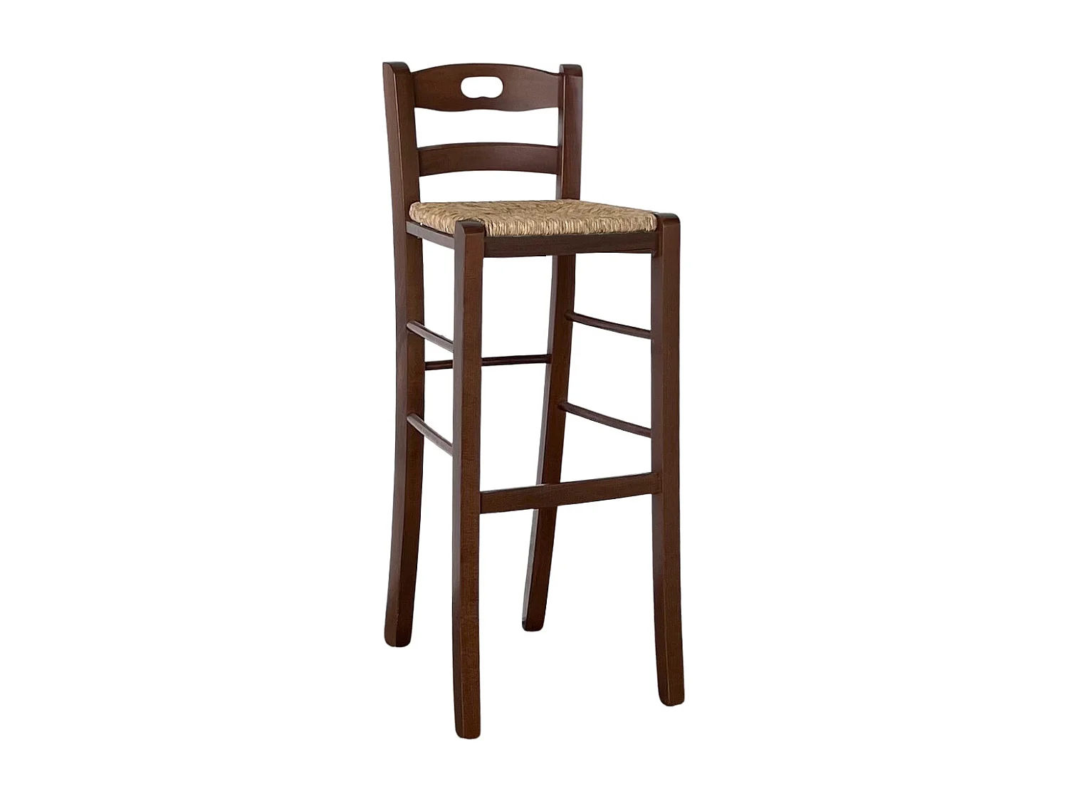 Tabouret de bar en bois de noyer foncé h 80 cm avec poignée et assise en paille