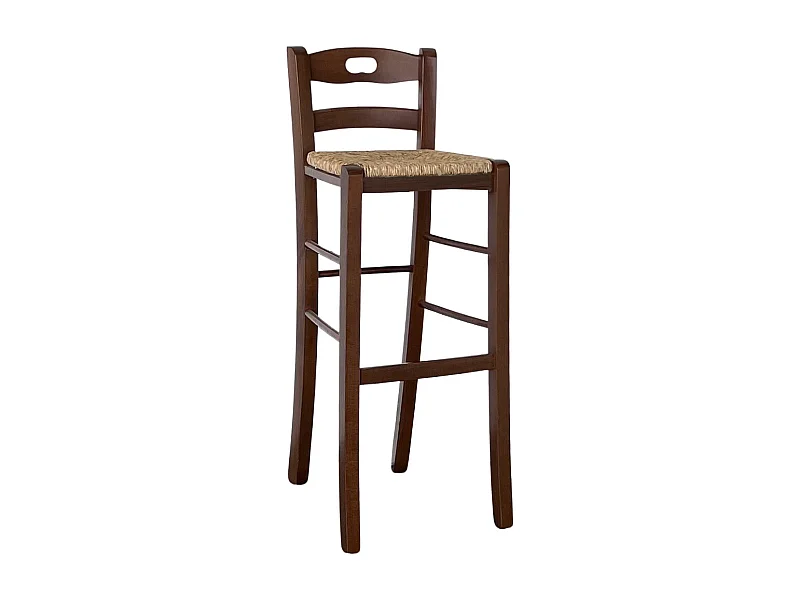 Sgabello da bar in legno noce scuro h 80 cm con manico e seduta in paglia
