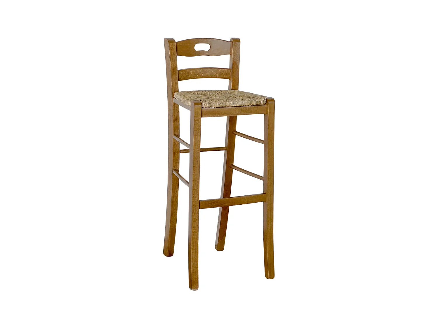 Tabouret haut de bar en bois de noyer clair avec poignée h 80 cm assise paille