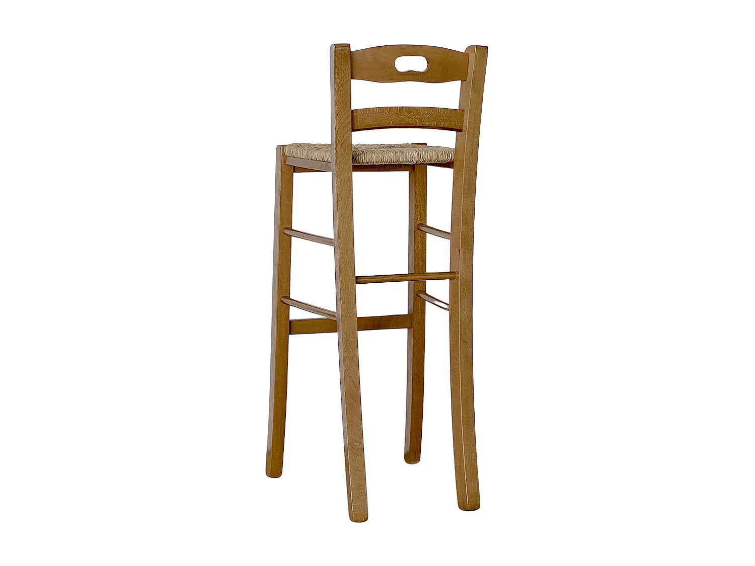 Tabouret haut de bar en bois de noyer clair avec poignée h 80 cm assise paille