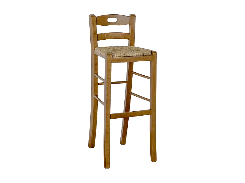 Sgabello alto da bar in legno noce chiaro con manico h 80 cm seduta in paglia