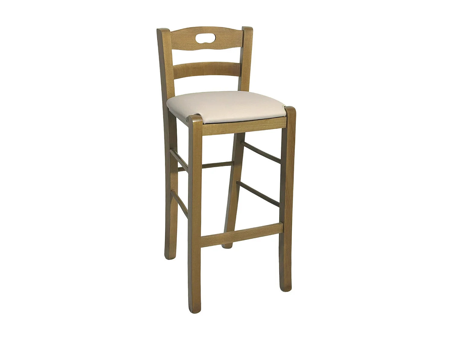 Taburete de madera de nogal claro con agujero en el respaldo h66 asiento ecopiel beige