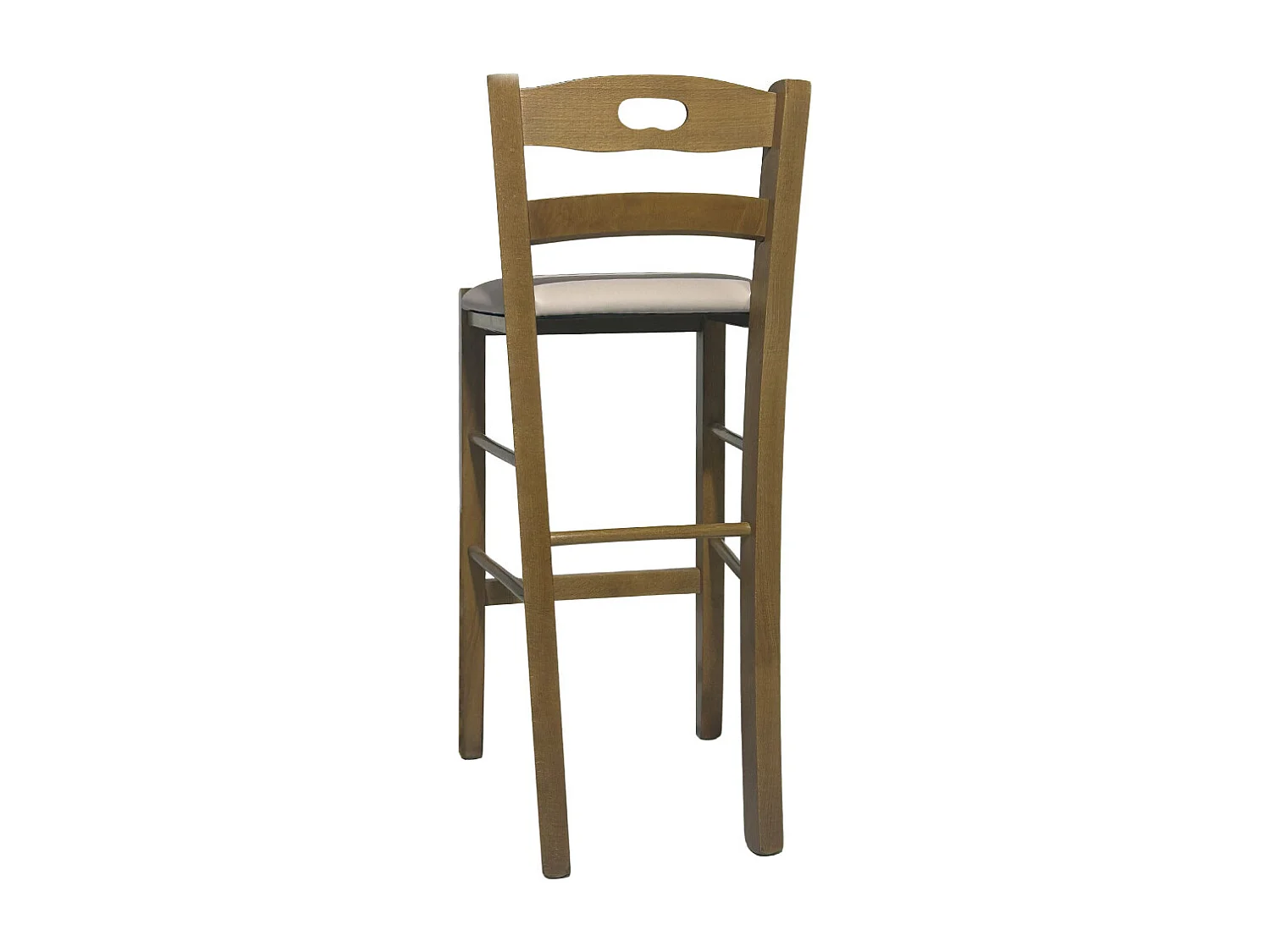 Taburete de madera de nogal claro con agujero en el respaldo h66 asiento ecopiel beige