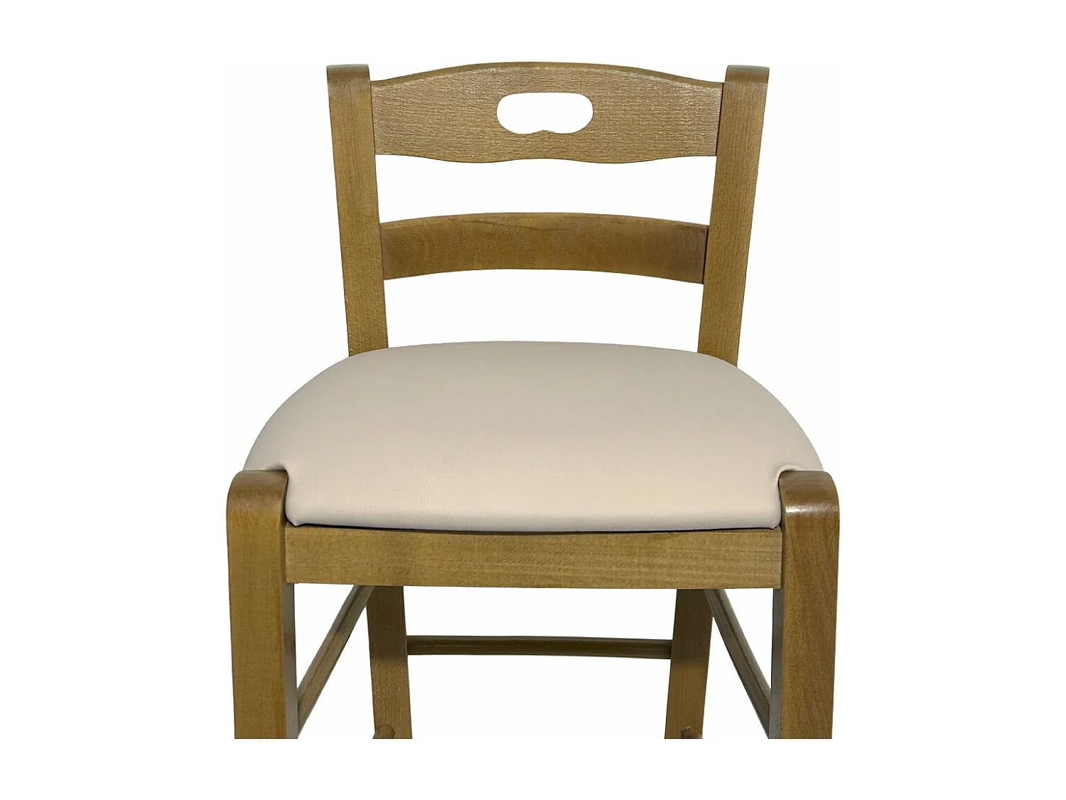 Taburete de madera de nogal claro con agujero en el respaldo h66 asiento ecopiel beige