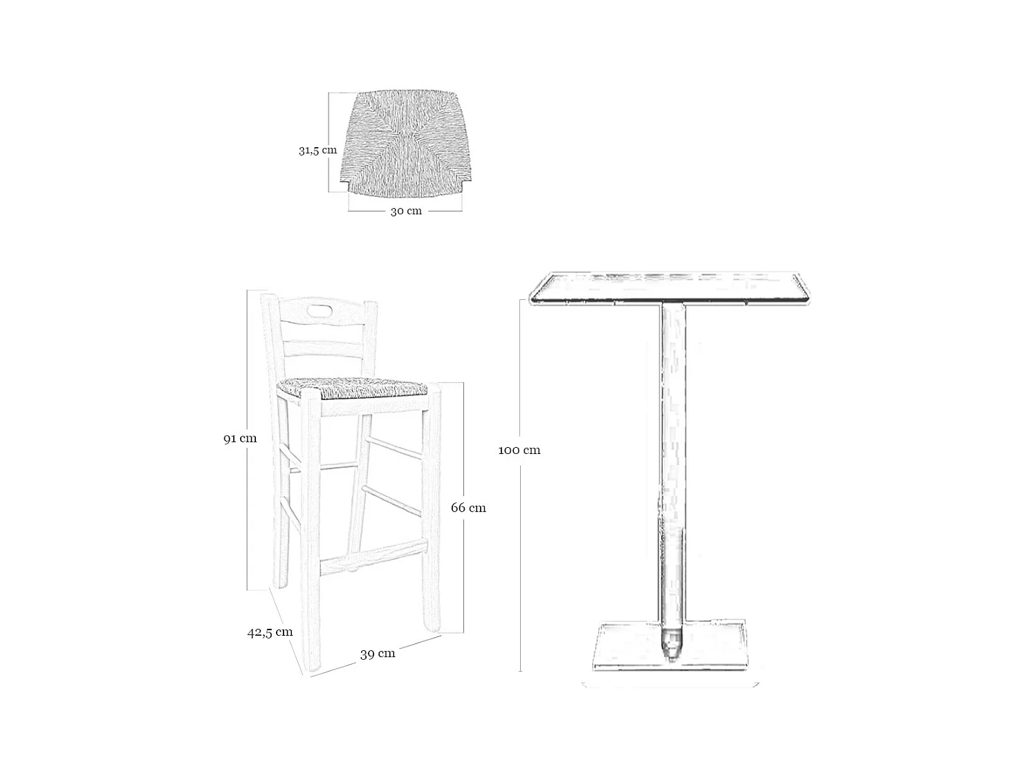 Tabouret en bois avec poignée dans le dossier h66 assise paille noyer foncé