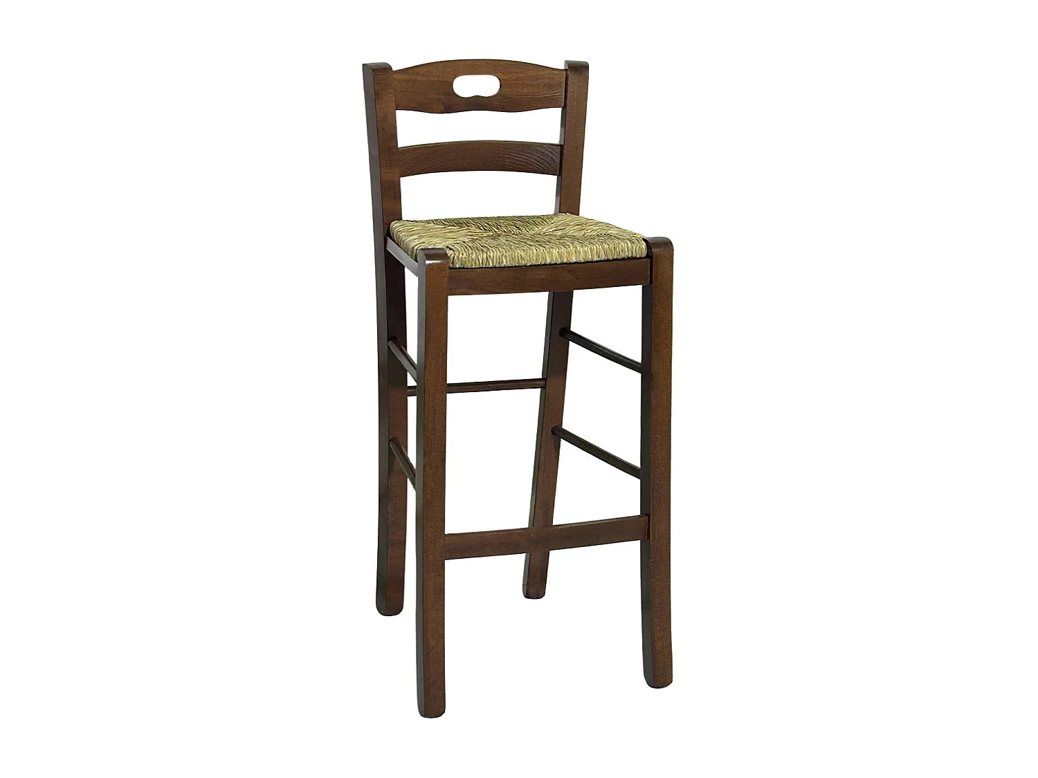 Tabouret en bois avec poignée dans le dossier h66 assise paille noyer foncé
