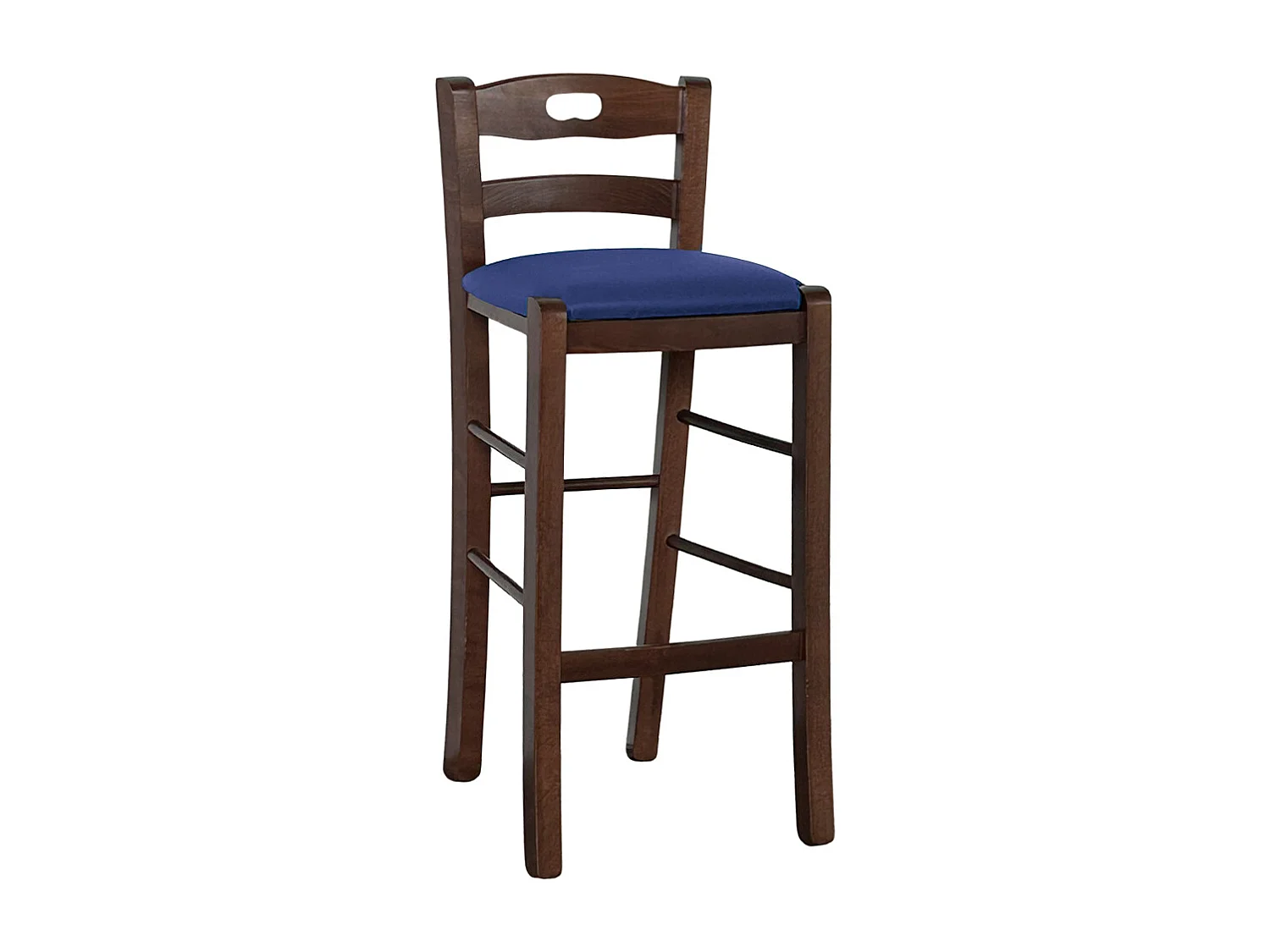 Tabouret en bois de noyer foncé avec trou dans le dossier h66 assise en éco-cuir bleu