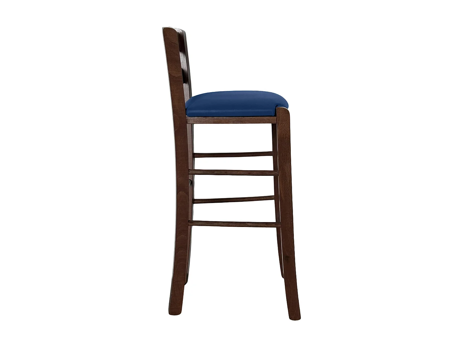 Tabouret en bois de noyer foncé avec trou dans le dossier h66 assise en éco-cuir bleu