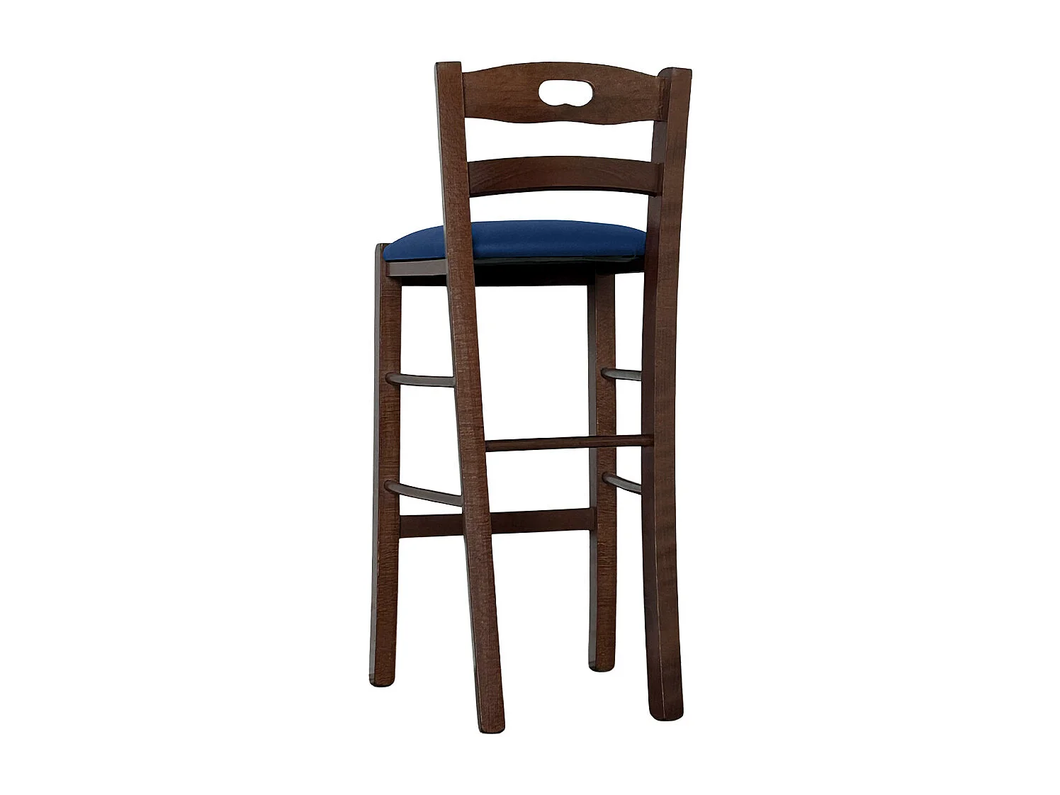 Tabouret en bois de noyer foncé avec trou dans le dossier h66 assise en éco-cuir bleu
