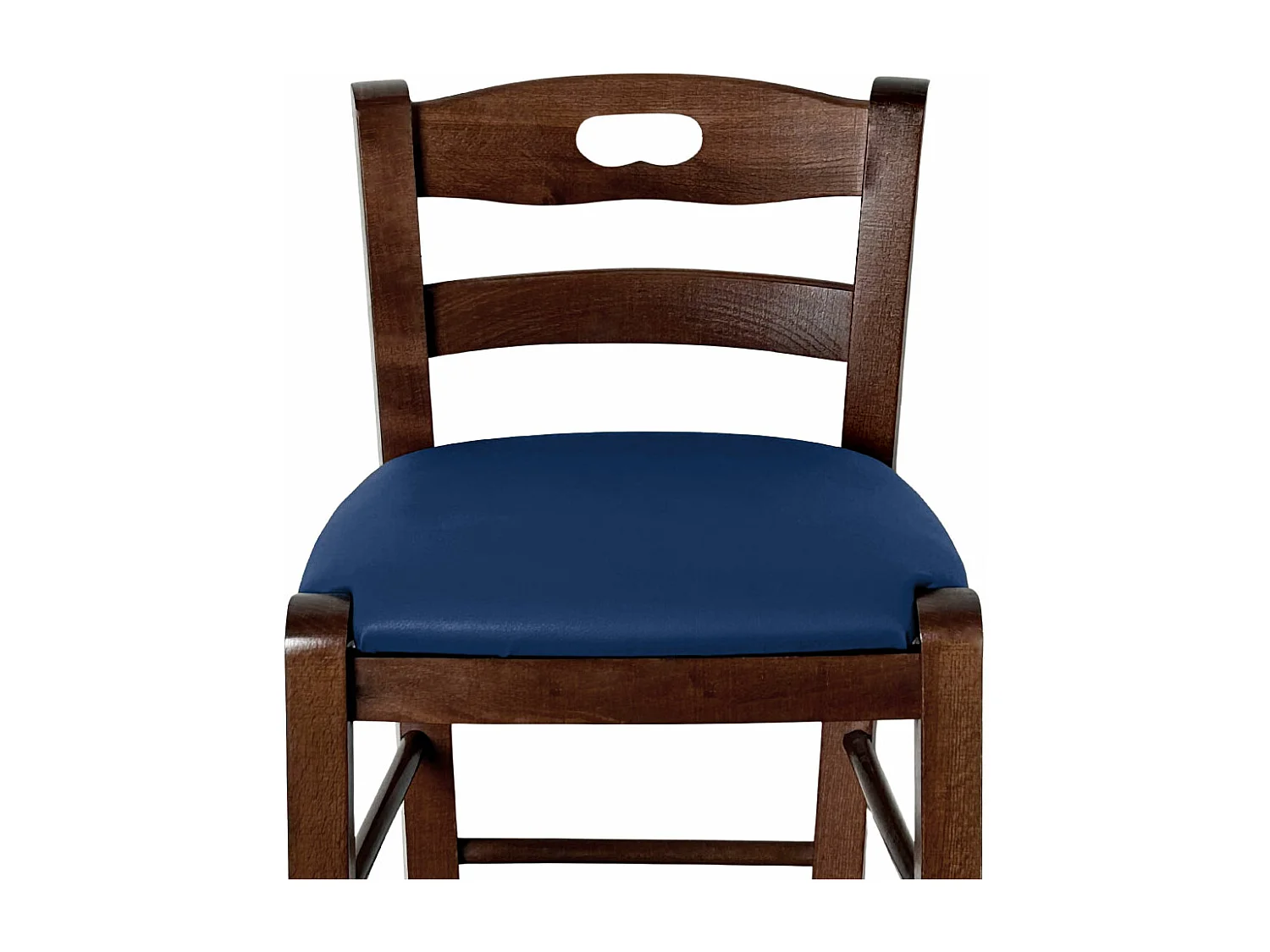 Tabouret en bois de noyer foncé avec trou dans le dossier h66 assise en éco-cuir bleu