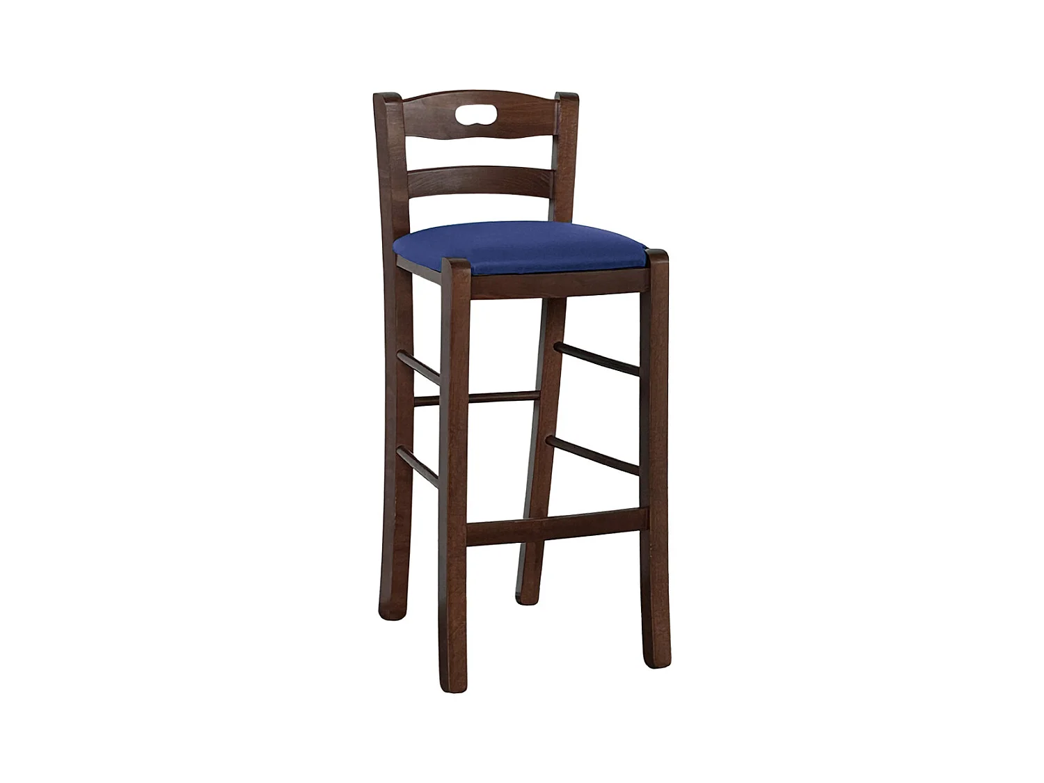 Tabouret en bois de noyer foncé avec trou dans le dossier h66 assise en éco-cuir bleu